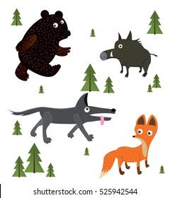 Forest animals illustration. White background. Bear, fox, wolf, wild boar, spruce.