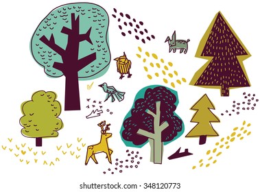 Forest and animals isolate on white nature design elements. Trees and animals objects. Color vector illustration. EPS8