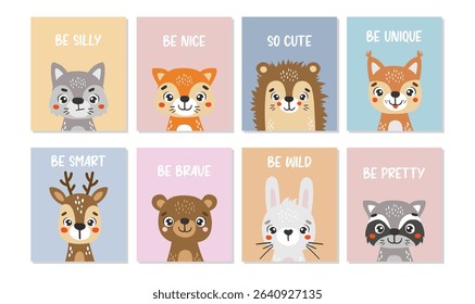 Forest animals isolated, cute animals, kids posters, cartoon, cards for kids