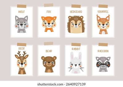 Forest animals isolated, cute animals, kids posters, cartoon, cards for kids