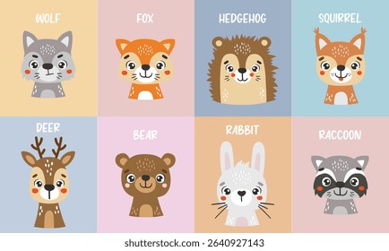Forest animals isolated, cute animals, kids posters, cartoon, cards for kids
