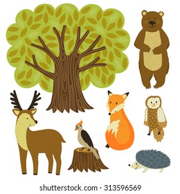 Forest animals isolated on white. Set of tree and wild animals: bear, deer, fox, urchin, owl, woodpecker. Cute cartoon characters. Hand drawn woodland elements are ideal for children's design.