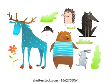 Forest animals kids cartoon of moose wolf bear rabbit crow and hedgehog, fun colorful clip art characters. Children woodland animals clip art collection kids funny bear and hare, humour moose and wolf