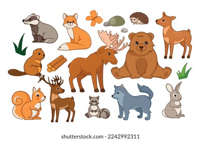 Forest animals kit. Collection of graphic elements for website. Elk, bear, squirrel and raccoon. Wolf, rabbit, beaver and hedgehog. Cartoon flat vector illustrations isolated on white background