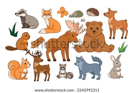 Forest animals kit. Collection of graphic elements for website. Elk, bear, squirrel and raccoon. Wolf, rabbit, beaver and hedgehog. Cartoon flat vector illustrations isolated on white background