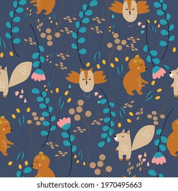 Forest and forest animals like bear, squirrel and owl. Vector illustration on dark blue background 