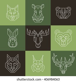 Forest animals- line icons set. Simple contour pictograms on green background. Vector illustration. Graphic elements can be used as logotypes.