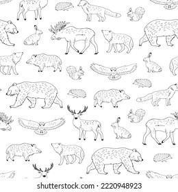 Forest animals line vector seamless pattern.
