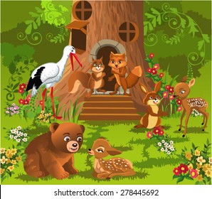 forest animals living in the tree house