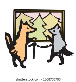 Forest animals look at the picture with fir trees in the museum. Vector illustration. Isolated on a white background.