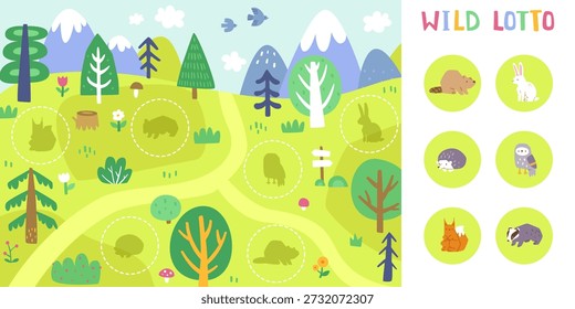 Forest animals lotto mini game. Doodle valley with cute wild animals.