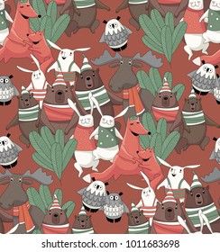 Forest animals made in funny cartoon style. Seamless pattern of bears, rabbits, foxes and owls. Children goods design texture.