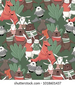 Forest animals made in funny cartoon style. Seamless pattern of bears, rabbits, foxes and owls. Children goods design texture.