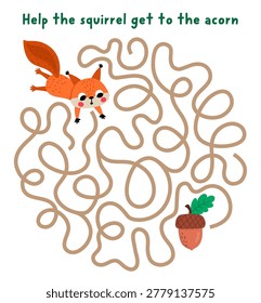 Forest animals maze for children with squirrel searching way to acorn. Simple round shaped labyrinth game. Woodland circled printable activity, worksheet
