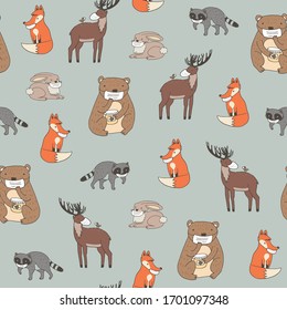 Forest animals with medical mask medical coronavirus epidemic virus hand drawn seamless vector pattern for kids