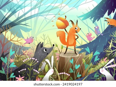 Forest animals meeting in the forest. Cute squirrel showing her nut on the stump to birds wolf and rabbit. Kids fairy tale story illustration, animals in the woods. Hand drawn children vector cartoon.