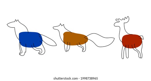 Forest animals. Modern linear drawing, color spot. Wolf, fox, moose. Animal icons. Abstract style.