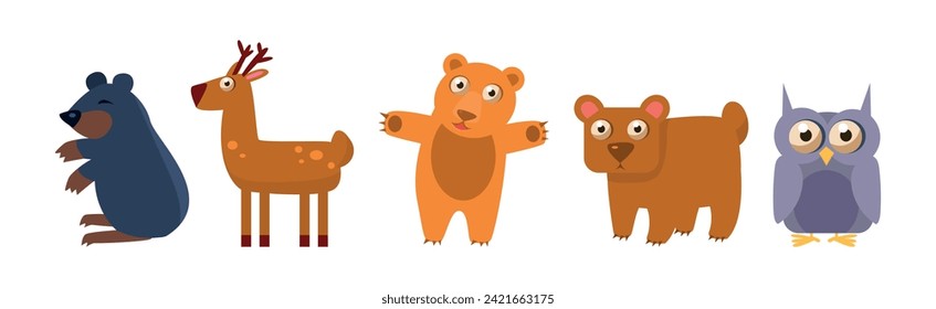 Forest Animals with Mole, Deer, Bear and Owl Vector Set