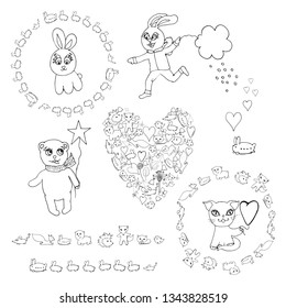 Forest animals: monochrome isolated elements, two round wreaths, a heart of elements and two brushes