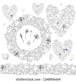 Forest animals monochrome, isolated elements, round wreath, a hearts of elements and brushes
