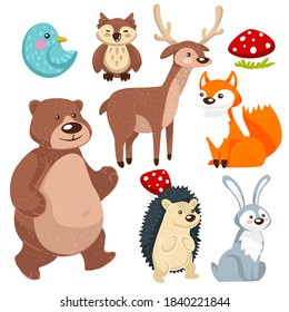 Forest animals and mushrooms, woodland creatures isolated. Rabbit and hedgehog, friendly bear and bullfinch bird, owl and deer. Sitting fox with furry tail, wildlife characters. Vector in flat style