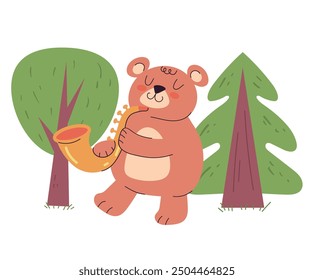 Forest animals musician playng music on meadow. Vector graphic design illustration element 