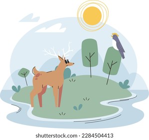 Forest animals in nature background. Roe deer and bird on green meadow. Wild animals antelope and fowl in nature landscape, grass and trees day time with sun vector illustration. Wildlife summer scene