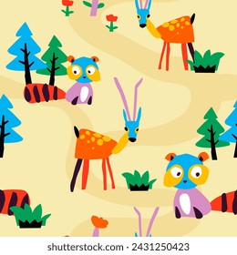 Forest animals and nature, children colorful paper crafts. Cut page or drawings of deer and raccoon. Pine trees and bushes. Seamless pattern, wallpaper print background. Vector in flat style