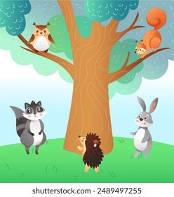 Forest animals. Nature landscape. Cartoon characters. Squirrel and owl on tree branches. Wild hare. Fairytale raccoon and hedgehog. Woodland fauna. Cute mammals at meadow. Vector magic illustration