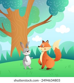 Forest animals. Nature landscape. Cartoon characters. Hare and fox. Wild mammals. Fairytale friends. Woodland fauna. Summer tree foliage. Cute rabbits at meadow. Vector magic children illustration