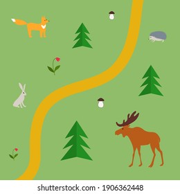 Forest animals of the Northern hemisphere in Forest with Road . Vector image color image.