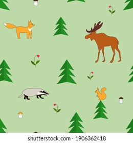 Forest animals of the Northern hemisphere in Forest. Vector image color seamless pattern.