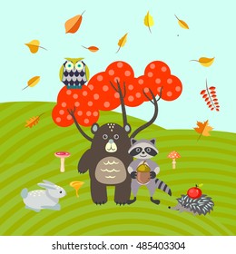 Forest animals on autumn meadow vector illustration. Bear, raccoon, bunny and hedgehog. Owl on a red fall tree.