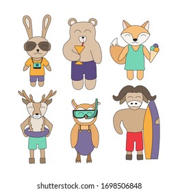 Forest animals on the beach set. Сute summer vector design. 