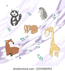 Forest animals on a watercolor background, childrens background in warm purple colors