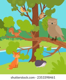 Forest animals. outdoor forest landscape trees and bushes animals fox owl birds hedgehog. Vector cartoon background