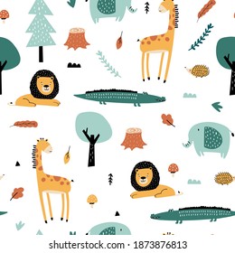 Forest animals pattern and cute nature icons print design. Vector illustration design for fashion fabrics, textile graphics, prints.