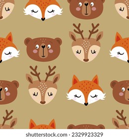 Forest animals pattern design with bear, deer and fox - funny hand drawn doodle, seamless pattern. Background or t-shirt textile graphic design. Wallpaper, wrapping paper, bedsheets.