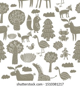 Forest animals pattern - squirrel, elk, frog, bird and trees