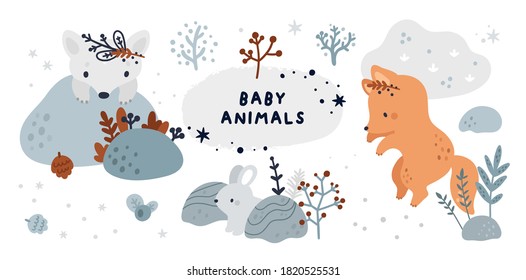 Forest animals and plants collection. Set with cute baby animals: hare, rabbit, bunny, wolf, arctic fox, fox. Childish vector illustration in scandinavian style isolated on white background