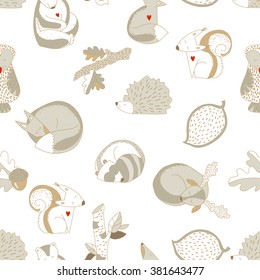 Forest animals and plants on white background seamless pattern