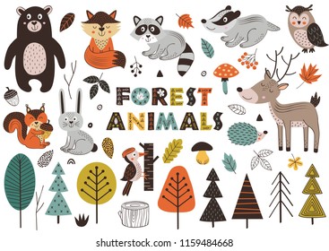 forest animals and plants in Scandinavian style -  vector illustration, eps