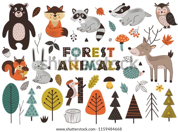 Forest Animals Plants Scandinavian Style Vector のベクター画像素材 ロイヤリティフリー