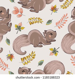 Forest animals and plants seamless pattern. Hares, squirrels, flowers of rose hips. Hand drawing. Vintage engraving. Vector illustration art. For design of paper, wallpaper, textiles.
