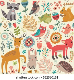 Forest animals and plants. Seamless pattern