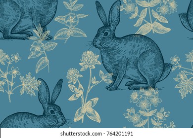 Forest animals and plants seamless pattern. Hares and flowers of clover, geranium, St. John's wort, periwinkle. Hand drawing. Gold, blue and black. Vintage engraving. Vector illustration background.