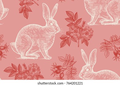 Forest animals and plants seamless pattern. Hares and flowers of rose hips. Hand drawing. Red and white. Vintage engraving. Vector illustration art. For design of paper, wallpaper, textiles.