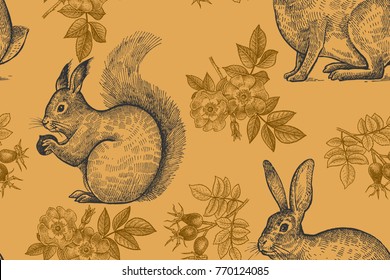 Forest animals and plants seamless pattern. Hares, squirrels, flowers of rose hips. Hand drawing. Gold and black. Vintage engraving. Vector illustration art. For design of paper, wallpaper, textiles.