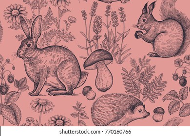 Forest animals and plants seamless pattern. Hare, hedgehog, squirrel, berries strawberry, flowers lavender, chamomile and mushrooms. Hand drawing. Black and red. Vintage engraving. Vector illustration