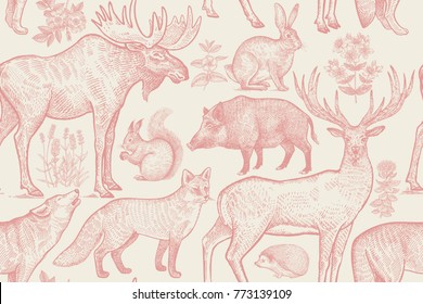 Forest animals and plants seamless pattern. Deer, wolf, fox, boar, elk, hare, hedgehog, squirrel, lavender flowers, dog rose and St. John's Wort. Hand drawing. Pink, white. Vintage vector illustration